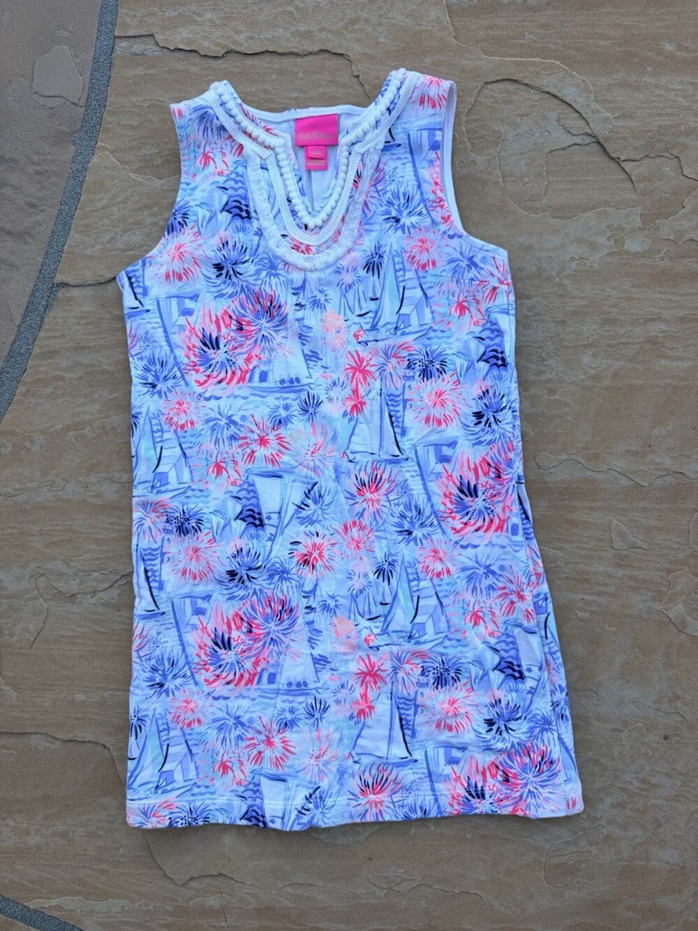Lilly Pulitzer Larsen Shift Dress Crew Blue White Pink Girls Size L 9-10